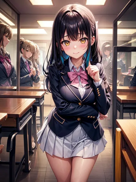 best quality，8k，classroom， pink cardigan，７ girls sitting in a mirror ，ファスナのトラックジャケット，レザージャケット，ファスナのカーディガン，色とりどりなタイツを履いています。This is the background of Diamond School。smile，blazer，ribbon on uniform，mini skirt，high school girl，multiple girls are depicted， Leat...