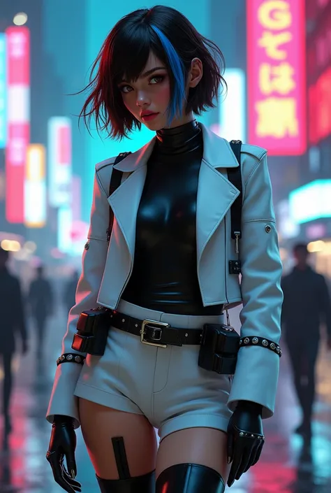 please create a image of a Girl from the future , (((with a short dark brown wavy, asymmetrical bob cut, one side longer till shoulder length and other side shorter till her ear with blue , green and red highlights, futuristic hairstyle, cyberpunk hair sty...