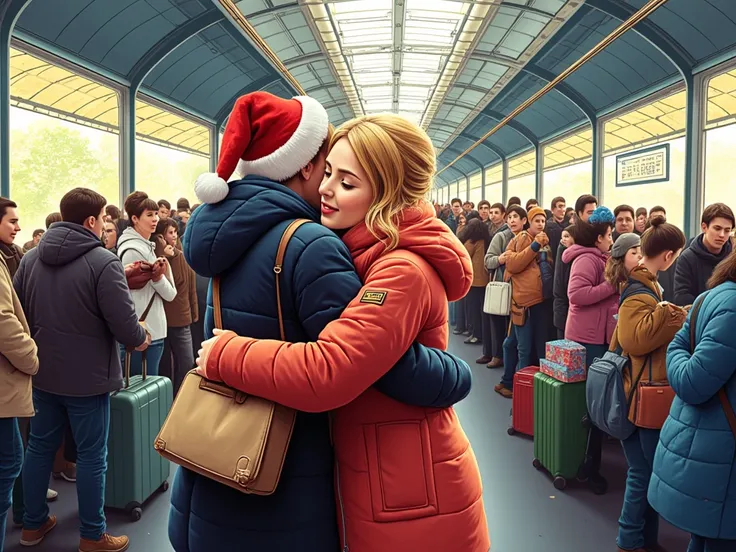 masterpiece, anatomically correct ,1 dauter,Hug with 1 mother,profile view,Draw in the foreground, Im at a crowded train station(2.0),Blend in with the scenery, Holiday Season , illustration, Happy Atmosphere , anatomically correct ,  best quality,  HD Mod...