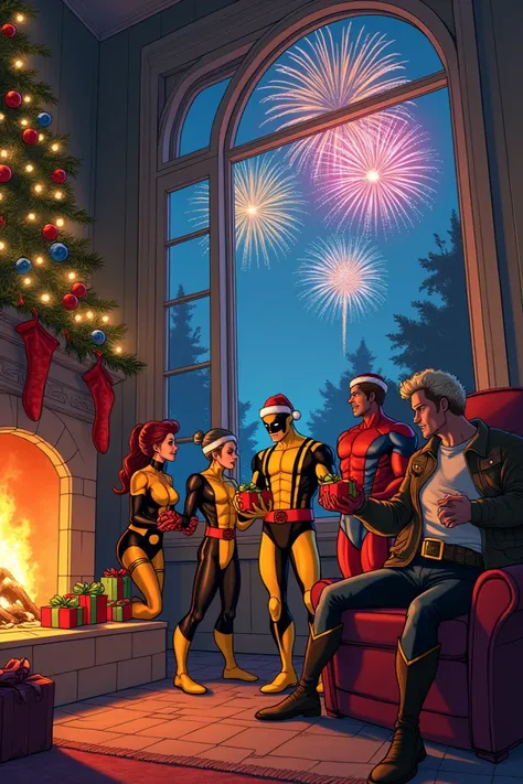  X-Men characters celebrating Christmas , each one carries a gift ,  each one wears a Christmas outfit ,  Marvel characters burning fireworks. 