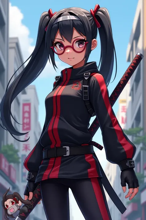 

" Generate an image of a young girl with Asian features ,  with heart-shaped glasses and long black hair tied in two tall ponytails,  in a black and red ninja outfit ,  with a short jacket and tight pants ,  with a band on her head and a sword on her bac...