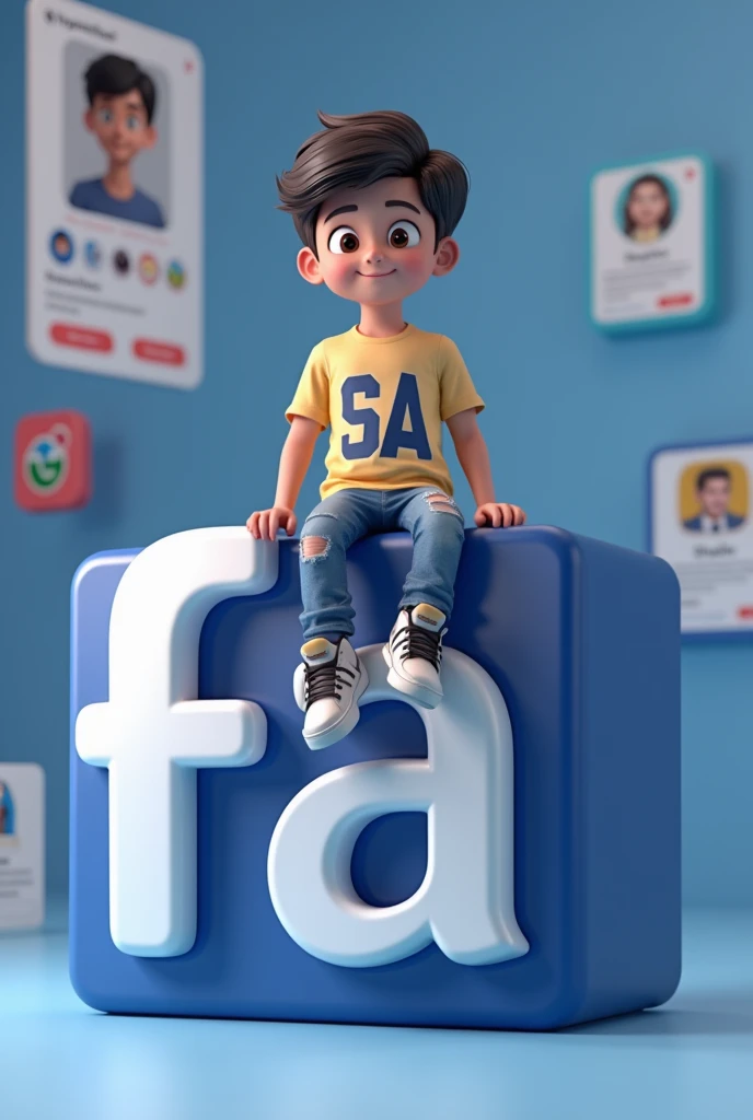 Teen boy sitting casually on top of “Facebock” logo . The character must wearing ‘SA name printed tshirt . The background of the image is a social media profile with a user name “Shahin” and a profile picture of character, 3d