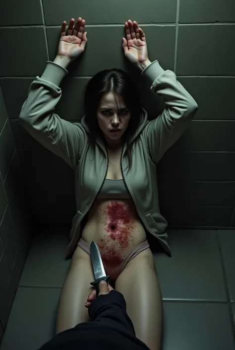 The skinny woman sitting on her knees with her hands up above her head . Her back against a wall . She wears a hoodie .  Her belly is showing . The girl is scared . In her belly is a deep bloody cut from left to right . The girl is shown from above, lookin...