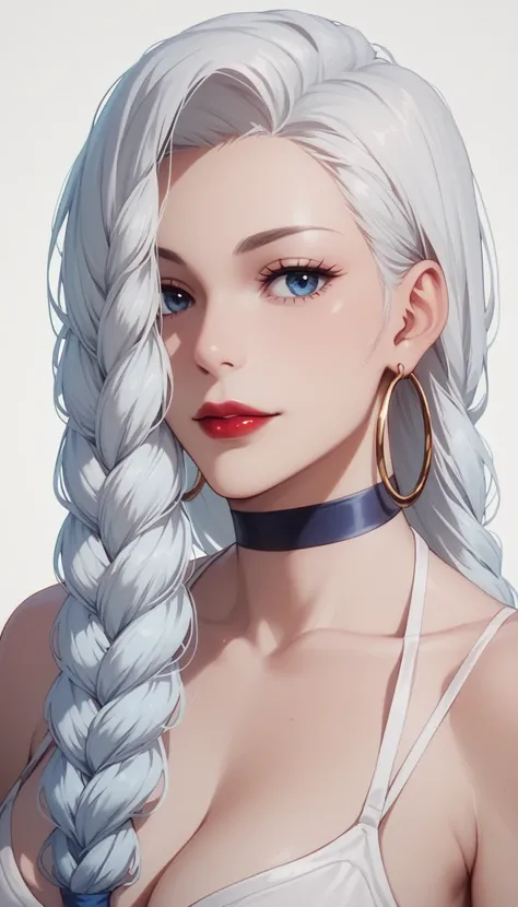 Hot beautiful mei mei,red lipstick,long hoops Earrings,  , white hair , detailed, blue eyes , hair 
, medium rounded breasts , Cleavage ,twin hair braid ,body tape

