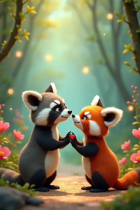 A raccoon and a red panda in love animated style