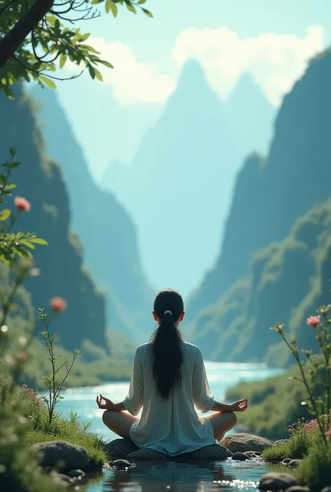  person meditating in a very beautiful place, seeking their inner peace 