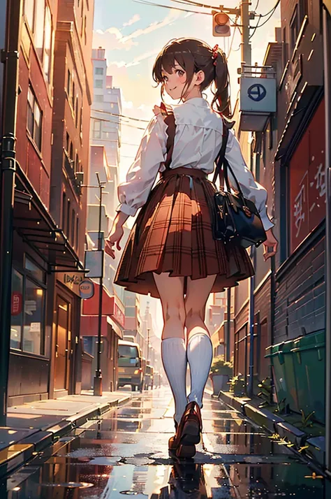 ((マスターmasterpiece、  best quality 、Super fine、 high definition ))((  best quality 、8k、masterpiece:1.3))、detailed expression、（（Realistic））  girl、 white blouse、 brown and maroon plaid skirt、Brown leather shoes、 twin tails、Walking around the city、 Background B...