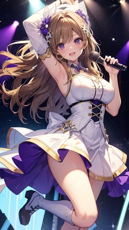   best quality 、All limbs、 Full Finger 、 slender beauty、  straight hair、 brown hair、your、green, White and purple idol costume、 white panties、Boots、 Beautiful Big Breasts、Live Stage、sing、Dancing、 big smile 