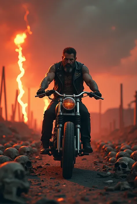  Road full of skulls with a choper motorcycle driving a man with a black vest on his back. And with lightning and fire in the background 