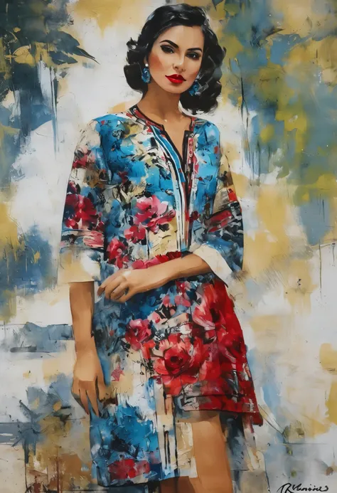 Modern urban Mexican woman, beauty，well proportioned, Denim skirt，black hair, Sexy and attractive red lips，portraitures，oil painted，inks，acrycle painting，tmasterpiece，Renaissance style，best qualtiy，A high resolution，super-fine，Eyes detailed，Face detailed，s...