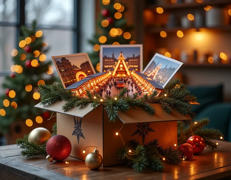 A box full of garlands and Christmas balls in which you can see photos of Christmas markets. All this in a designer interior