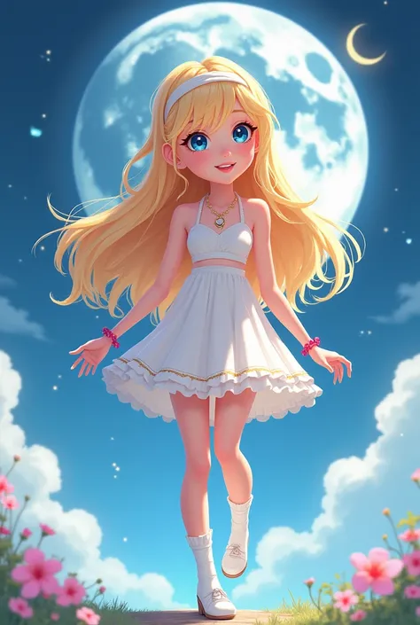 blonde,  blue eyes,  white skin , headband on her loose and long hair , two-piece dress,  white shoes ,  lunar on the neck ,  pink bracelet on the left hand , long white socks,  medium height and a small scar on the forehead on the left side.
Draw it carto...