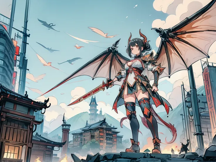 ((((A giant dragon girl with wings stands holding a weapon)))) ((Western fantasy style)) ((castle)) (tower) ((castle wall)) ((Giant Girl) ) ((Dragon Girl)) ((Dragon Horn)) ((Dragon Double Wing)) Long claws, （（（metal armor))), metal gauntlets, metal shoes, ...