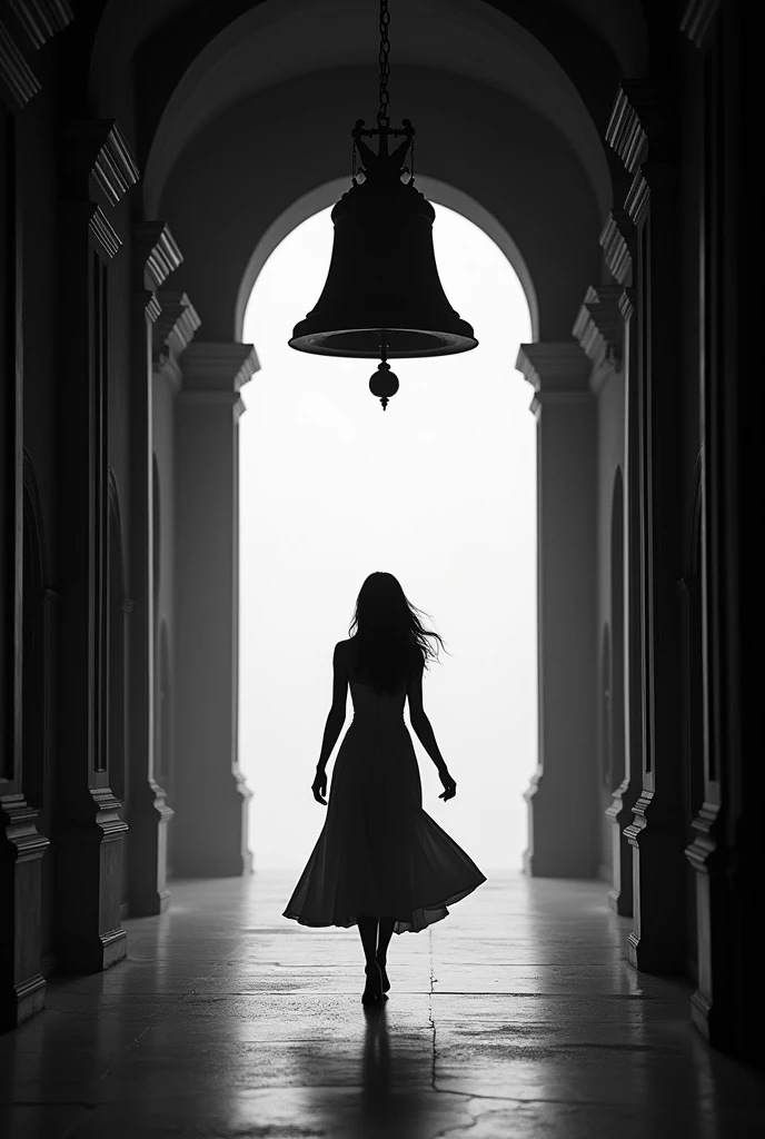 Woman in dress walking down a corridor with a bell black and white image 