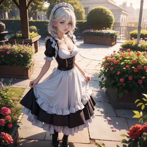 1girl, dress, solo, collarbone, long flowing hair, white hair, floating hair, multicolored hair, perfectly body, gold jewelry, jewelry, maid, maid dress, perfectly hands, on garden, petals, white roses, centered girl, maid, maid dress, black dress, maid ap...