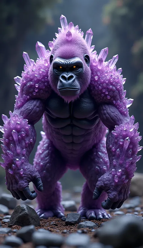 amethyst gorilla,crystal gorilla,amethyst crystal gorilla,highly detailed,intricate crystal texture,glowing amethyst crystal,hyperrealistic,cinematic lighting,dramatic pose,powerful expression,museum quality,fine art photography,octane render,3d rendered,v...