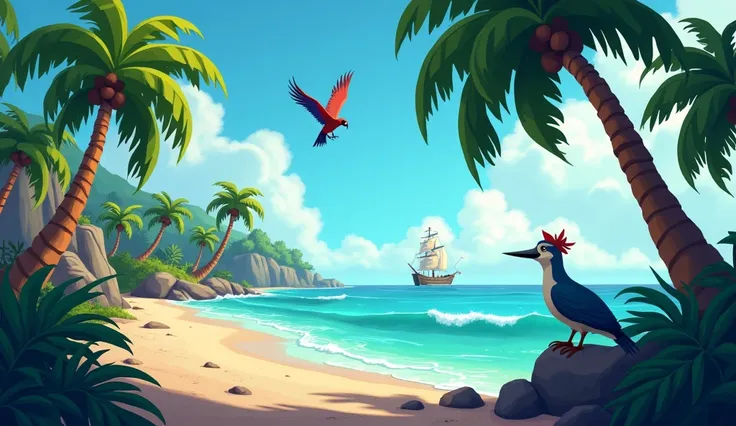 a cartoon style image of a tropical scene with birds and palm trees, key art, cover art, official artwork, game cover, mobile game background, artwork, album cover, by Robert Combas, sea of thieves, cover game art, box art, cover illustration, loading scre...