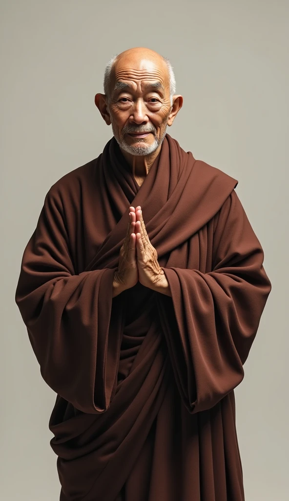 Full body portrait of a 60 year old monk, wearing monks clothes, face focused and calm, mouth not smiling, eyes open looking straight ahead, hands clasped in prayer, full body portrait, 64k high quality image, extremely high quality, extremely sharp, be cr...