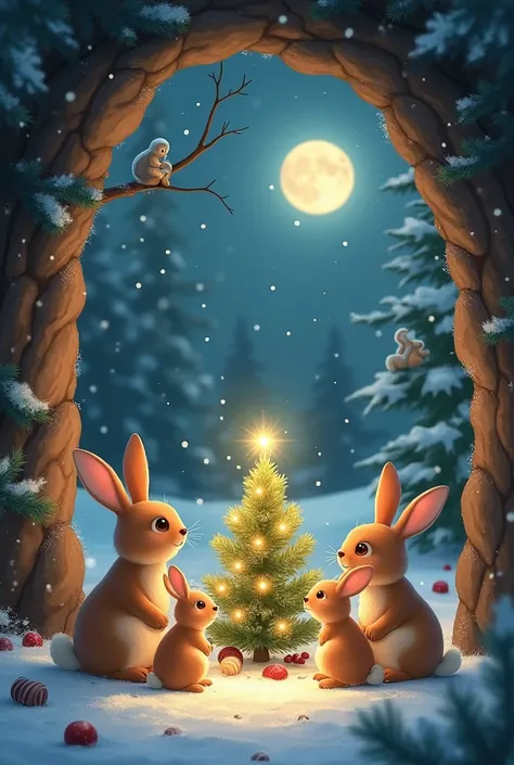 A charming Christmas moment in a rabbit burrow, where a family of bunnies gathers around a tiny glowing tree. Outside the burrow, squirrels deliver nuts and berries as holiday gifts while snowflakes sparkle in the moonlight