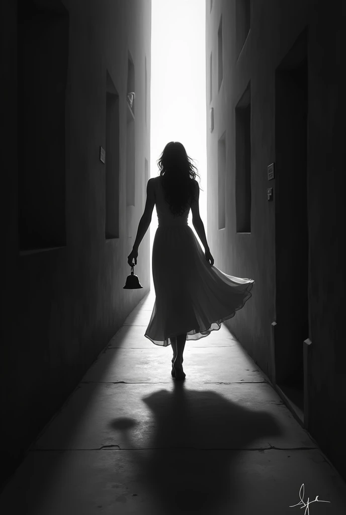 Woman in dress bears down a corridor with a bell in her hand black and white image 