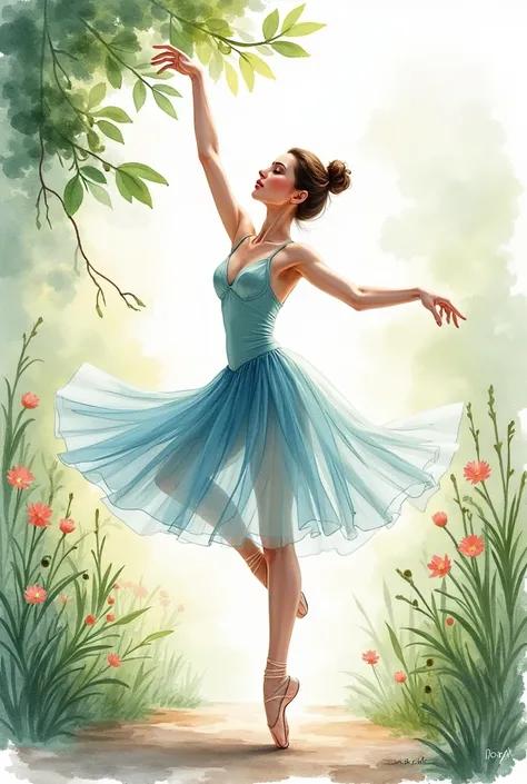  ballet dancer, drawn in watercolor ,   with bright colors that reflect calm , clarity and connection with nature and love for what it does