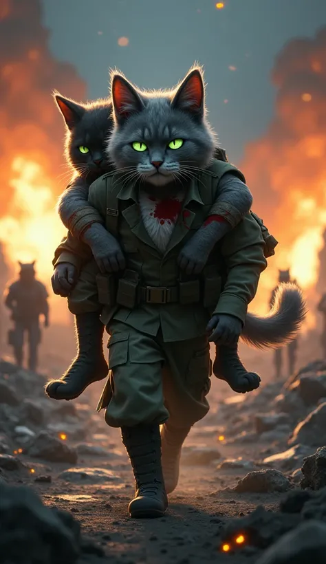 "At night, on a battlefield lit by explosions, the humanoid cat protagonist, with short gray fur, a white patch on his chest and glowing green eyes, wears a torn military uniform, with dust stains and red spots. He is carrying on his back a humanoid cat so...