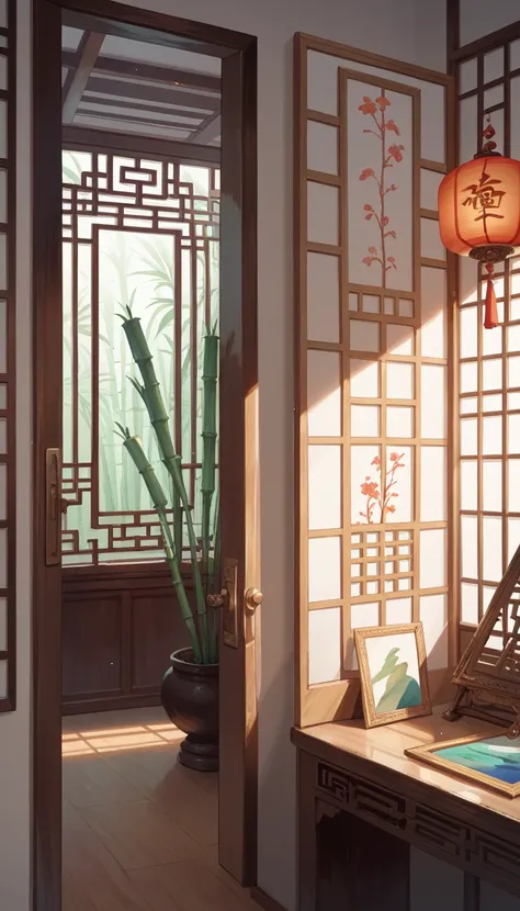  1 scene close-up ,  Chinese style， Oriental ancient charm features，Interior door，screen， bamboo ink painting ，Close-up，Symmetrical composition