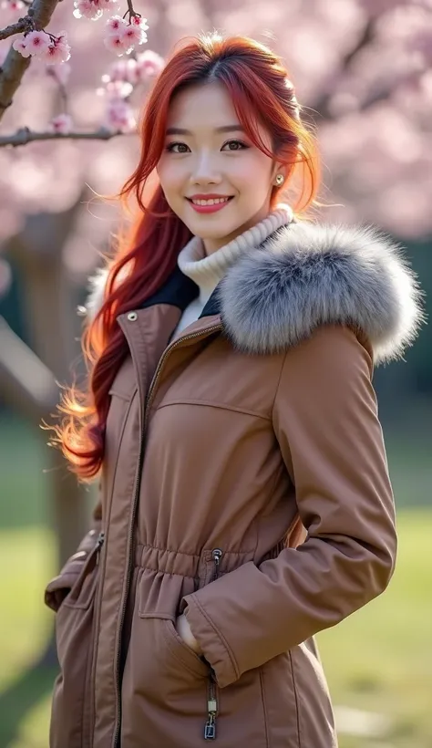 Professional photography of a beautiful Korean woman with red-blue hair styled in a ponytail on the left side and left loose on the right side. The woman was wearing a milk chocolate parka jacket with gray fur on the collar. and wearing jeans and boots. wa...