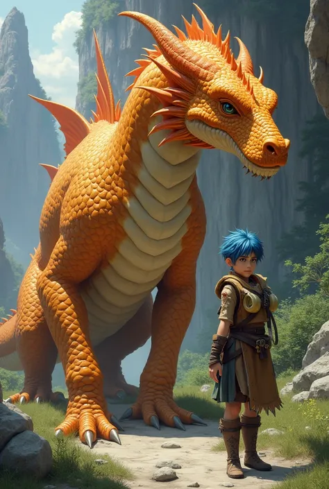 Young man with blue hair next to a golden-orange dragon