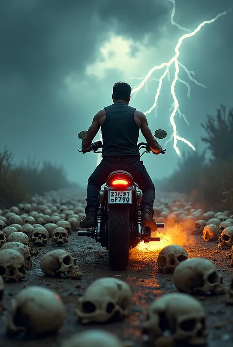  Road full of skulls with a motorcycle with his back choper riding a man with a black vest on his back. And with lightning and fire in the background . The bike is going 