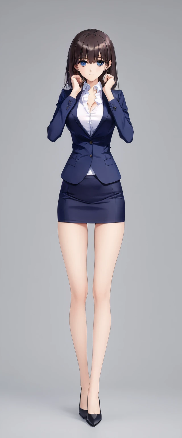 Megumi Kato,  1 girl, Alone, bangs,  brown hair, (((Female lawyer, ( formal suit micro mini skirt,   Micro Mini Pencil Skirt),  white shirt,   Navy Blue Jacket,Big Breasts、 cleavage、Thin legs、The white panties are visible from the hem of the skirt,The whit...