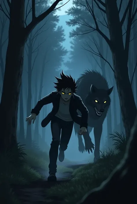  Lucas, a black-haired young man with anime traits running desperately, The werewolf after him , But he stumbles and falls to the ground in the forest at night  