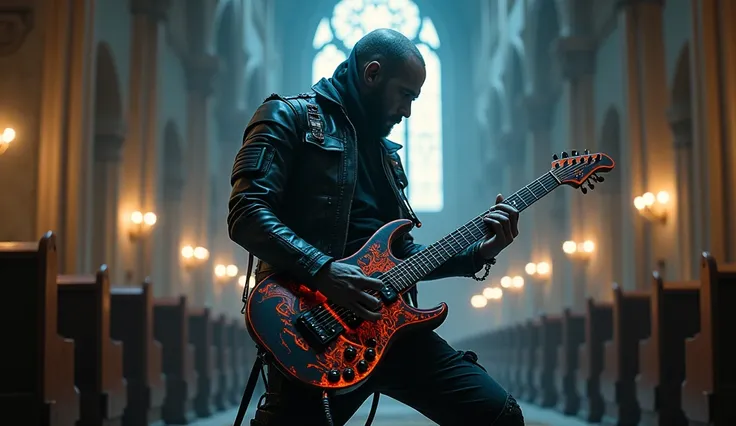 dark cyberpunk man, passionately plays electric guitar in christian chruch, light rays, dark atmosphere,