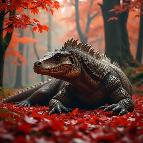 "A massive Komodo dragon lies in the heart of a crimson-leaf-covered forest, its scaly body sprawled across the ground. The dragon’s rough, textured skin blends with the vibrant red leaves that have fallen around it. The forest is alive with the rich, fier...