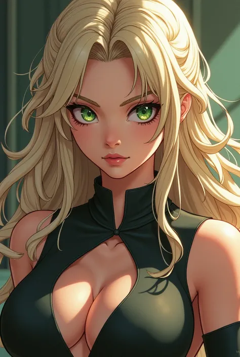  A 26-year-old kunoichi ,  daughter of Tsunade and Jiraiya She has a profiled face and a well-defined jaw.  His eyes are big and expressive,  of a green color ,  with a sensual expression .  his hair is blond ,  wavy and long voluminous ,  falling into dis...