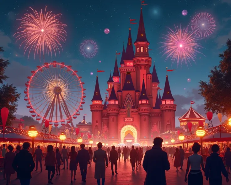 castle, balloons, ferris wheel, fair, red theme, fireworks, night