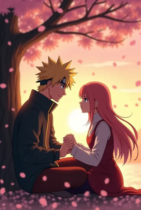 A tender and intimate moment shared by blonde guy, guy, and beutiful girl as they sit together under a blooming cherry blossom tree at twilight. Naruto, with his usual warm and cheerful smile, leans slightly toward Sasuke, whose stoic expression softens as...