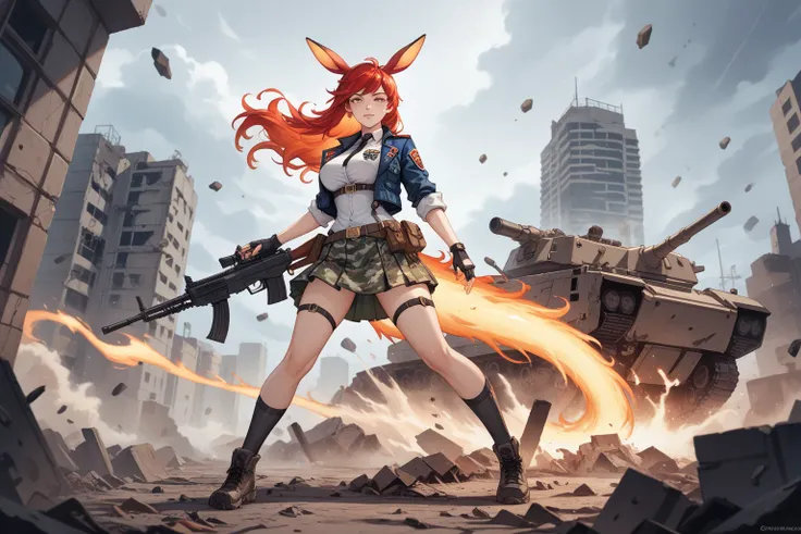 A surreal and striking depiction of a curvy female kangaroo with human-like features and flowing fiery red hair styled in soft waves. She is dressed in a tailored military outfit, combining practicality and femininity—a fitted military jacket adorned with ...