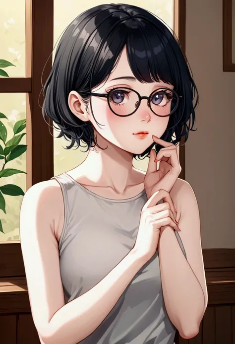  A shy girl with pale skin,  short black hair, with good physique and glasses 