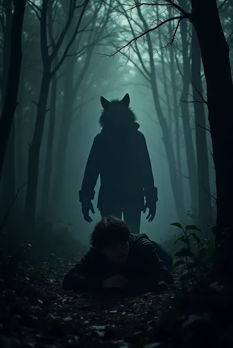 It is only possible to see the shadow of a teenager lying on the ground and a werewolf behind him in a dark forest 
