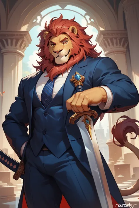 Furry,lion,Dislaty,muscle,yellow, red eyes,big sword,strong,Suit, perfect face