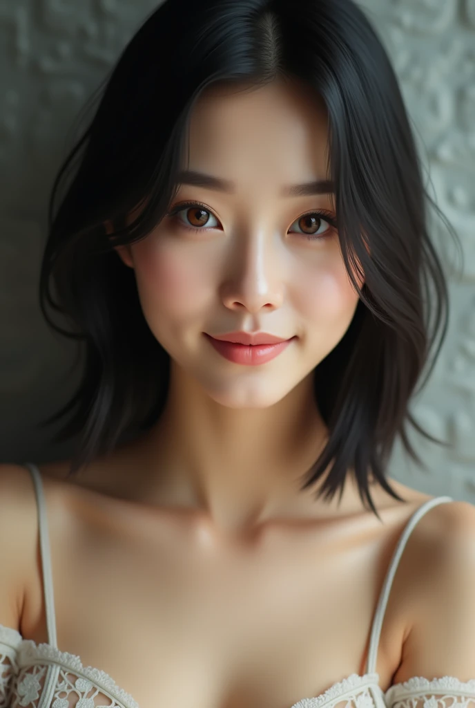  An Asian woman with delicate features ,  smooth skin and warm skin tones .  she has straight black hair , cut into a modern bob , with almond shaped eyes, of a deep brown tone.  Her face has an oval shape ,  with softly defined cheekbones and a light smil...