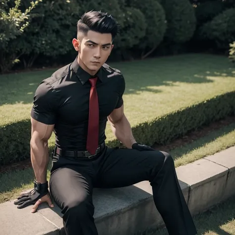 30years old,One Man,Muscular、 black shirt、Red tie、black slim pants、 Black Gloves 、 black boots 、Combatant、Muscular、Equipped with a gun belt on the lower back、garden、lawn、 sitting with legs spread 。short hair 、更にshort hair 、Bald。 undercut、Turkish　Menacing l...