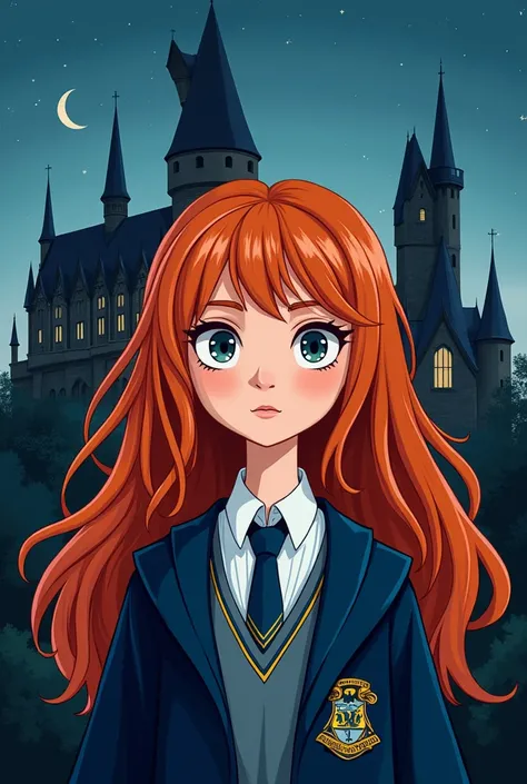 hogwarts rawenclaw student girl, red hair, uniform, doodle, tulipkarasu, serious, hogwarts castle background night, blue necktie, white collar, turkish