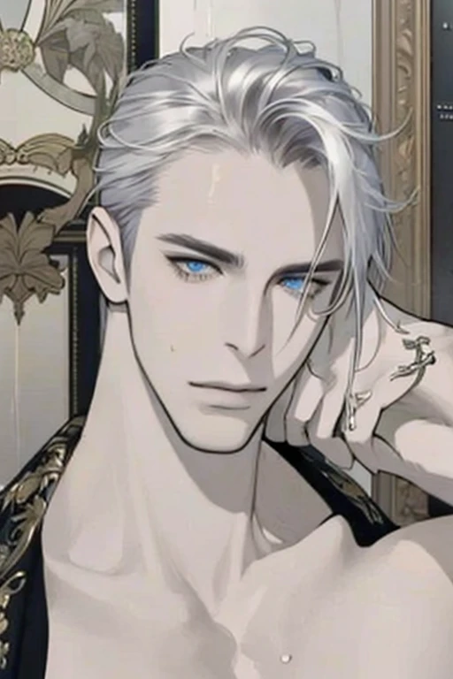 realistic, (best quality, masterpiece:1.3),  finely detailed eyes and detailed face, coffee machine, kitchen, solo mature male, tall muscular guy, silver hair, blue eyes, silver facial hair,