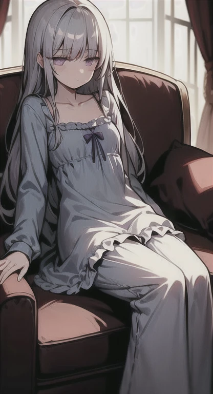 Hell fortress life, Old world, witch, silver hair, purple eyes, nightgown, bloomers, sofa, lounging, dim light, sleeping,