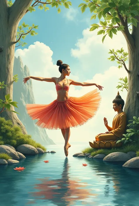 Ballet dancer and Buddha scene, drawn in watercolor  ,  bright colors ,  representing calm , harmony,  reflection and connection with nature . In a surrealist style