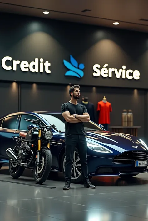  An image that says Finandina Bank, Vehicle credit ,  and that you have a motorcycle and a car , Create something unique 