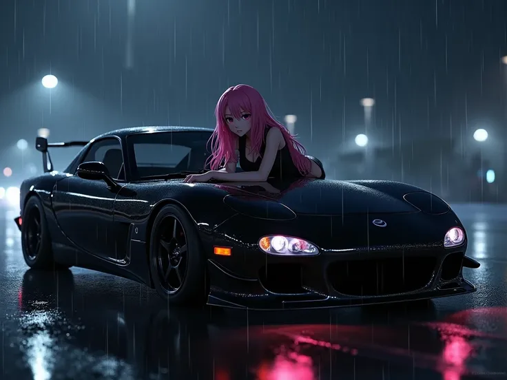 Zero Two lying on the hood of a black Maxda RX7 with the side and the front and top of the car visible on a dark rainy night with small spots of outdoor lighting blurred in the distance  