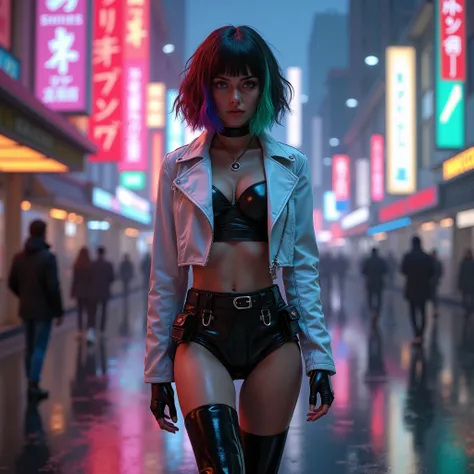 Please create a Realistic image of a tall, fit woman from the future with a striking cyberpunk aesthetic. She has a short, asymmetrical bob haircut with dark brown wavy hair; one side cascades down to her shoulder, while the other side is cropped to her ea...